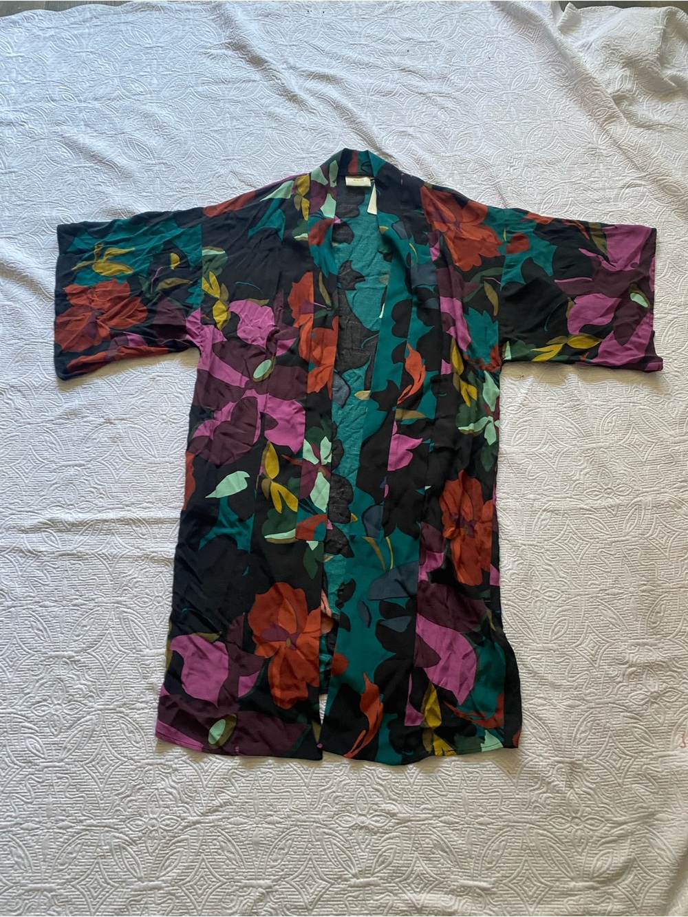 Maeve Black Floral Kimono Shirt with Teal, Purple, and Rust Accents
